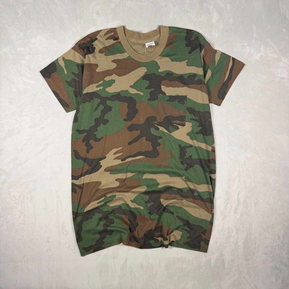 90s Mens Duck Bay Camouflage Pocket T-Shirt Woodland Hunting Large